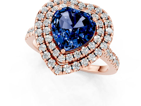 Rose gold Double Halo Heart Cut Blue Sapphire Pavé Band with Four-Prong Setting_1