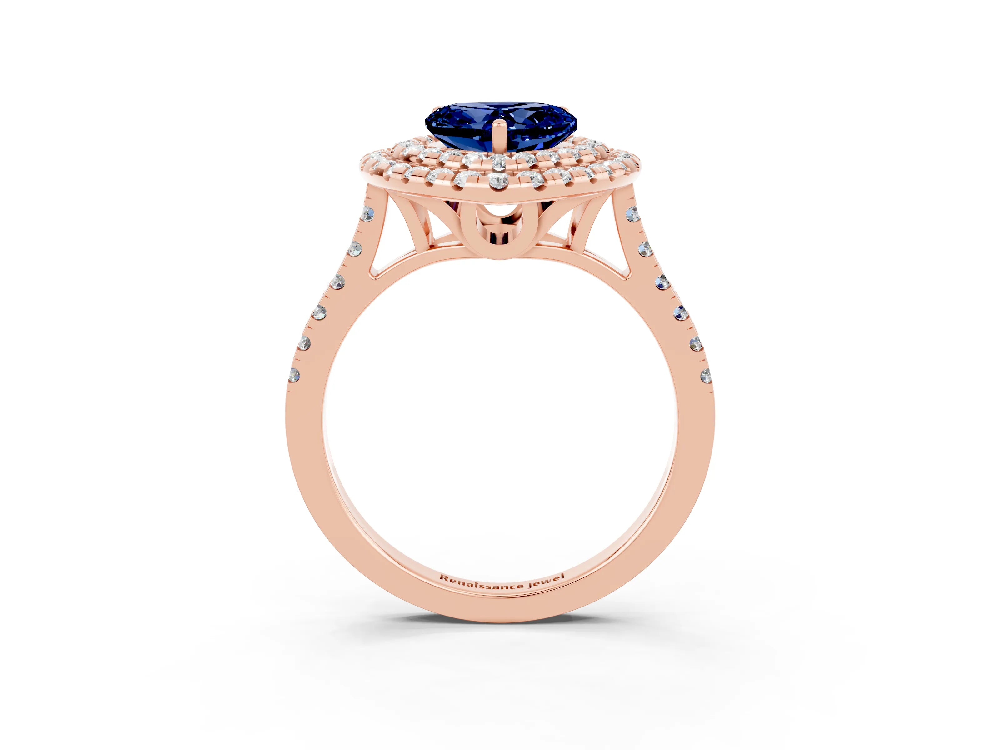 Rose gold Double Halo Heart Cut Blue Sapphire Pavé Band with Four-Prong Setting_3