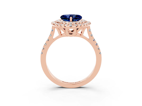 Rose gold Double Halo Heart Cut Blue Sapphire Pavé Band with Four-Prong Setting