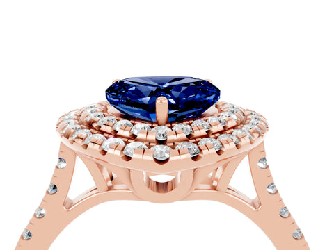 Rose gold Double Halo Heart Cut Blue Sapphire Pavé Band with Four-Prong Setting_4