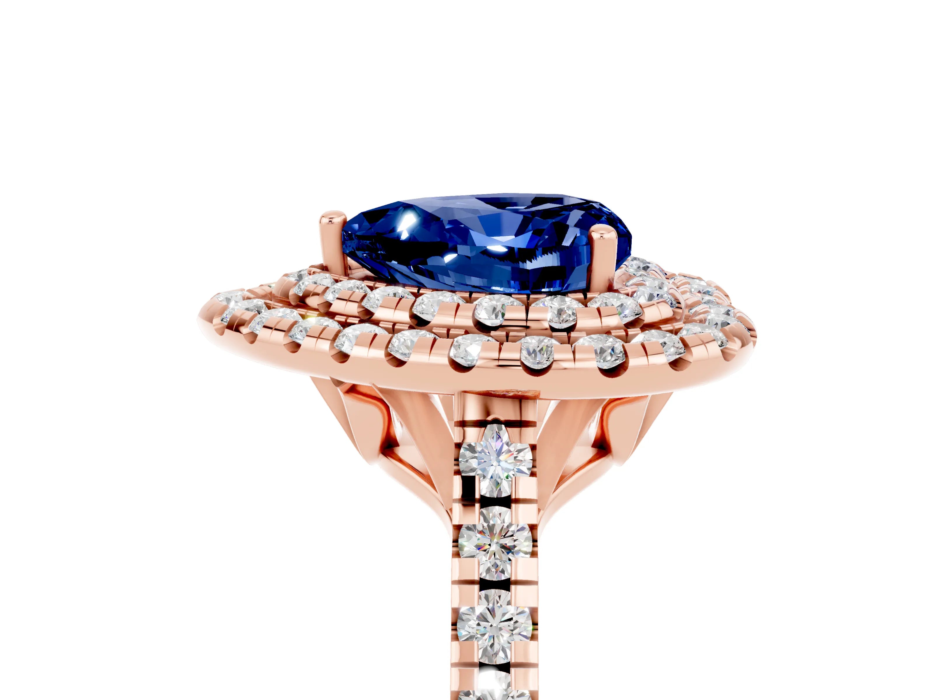 Rose gold Double Halo Heart Cut Blue Sapphire Pavé Band with Four-Prong Setting_5