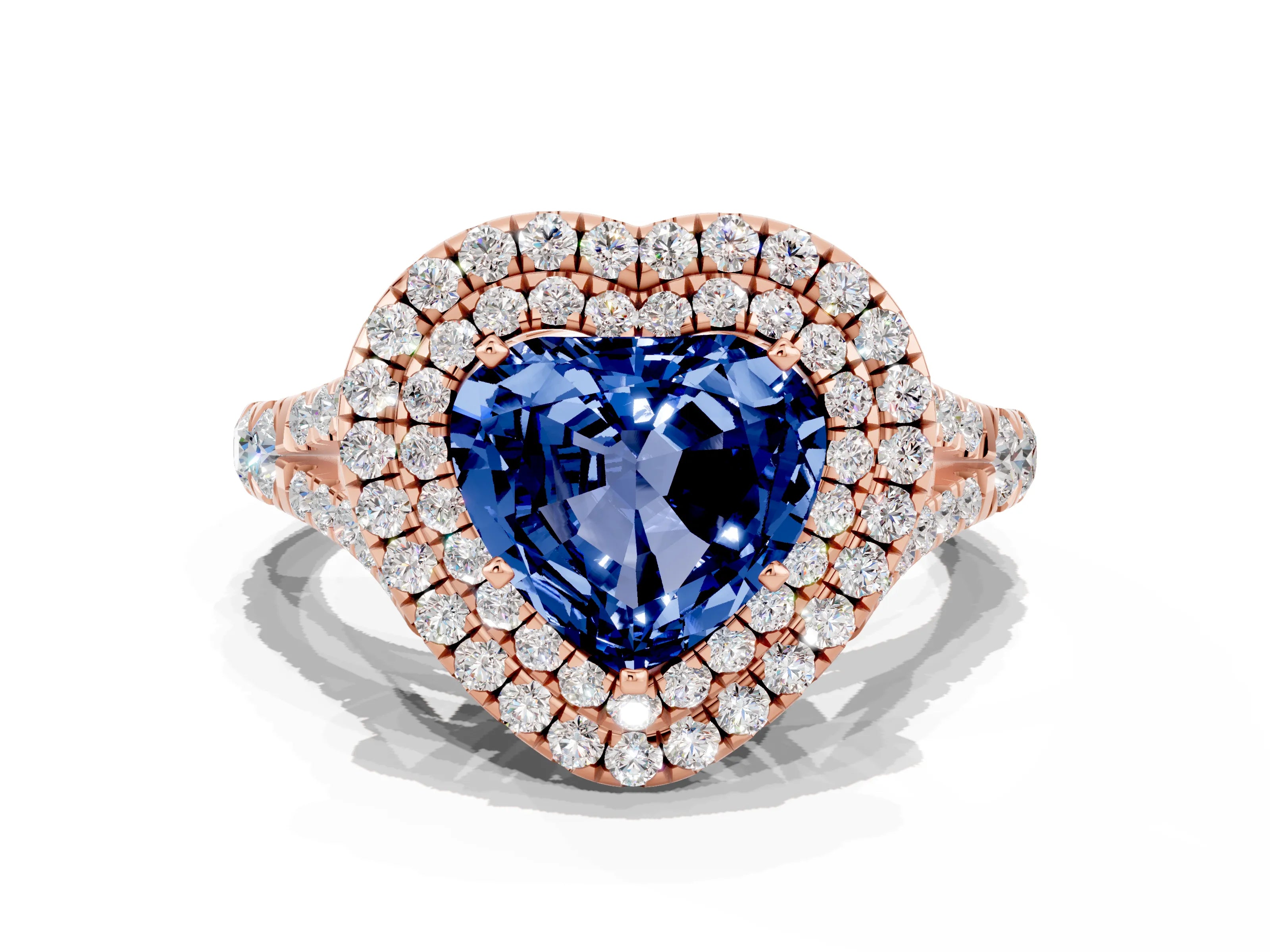Rose gold Double Halo Heart Cut Blue Sapphire Pavé Split Shank Ring with Prong Setting