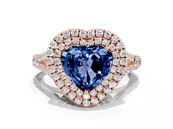 Rose gold Double Halo Heart Cut Blue Sapphire Pavé Split Shank Ring with Prong Setting