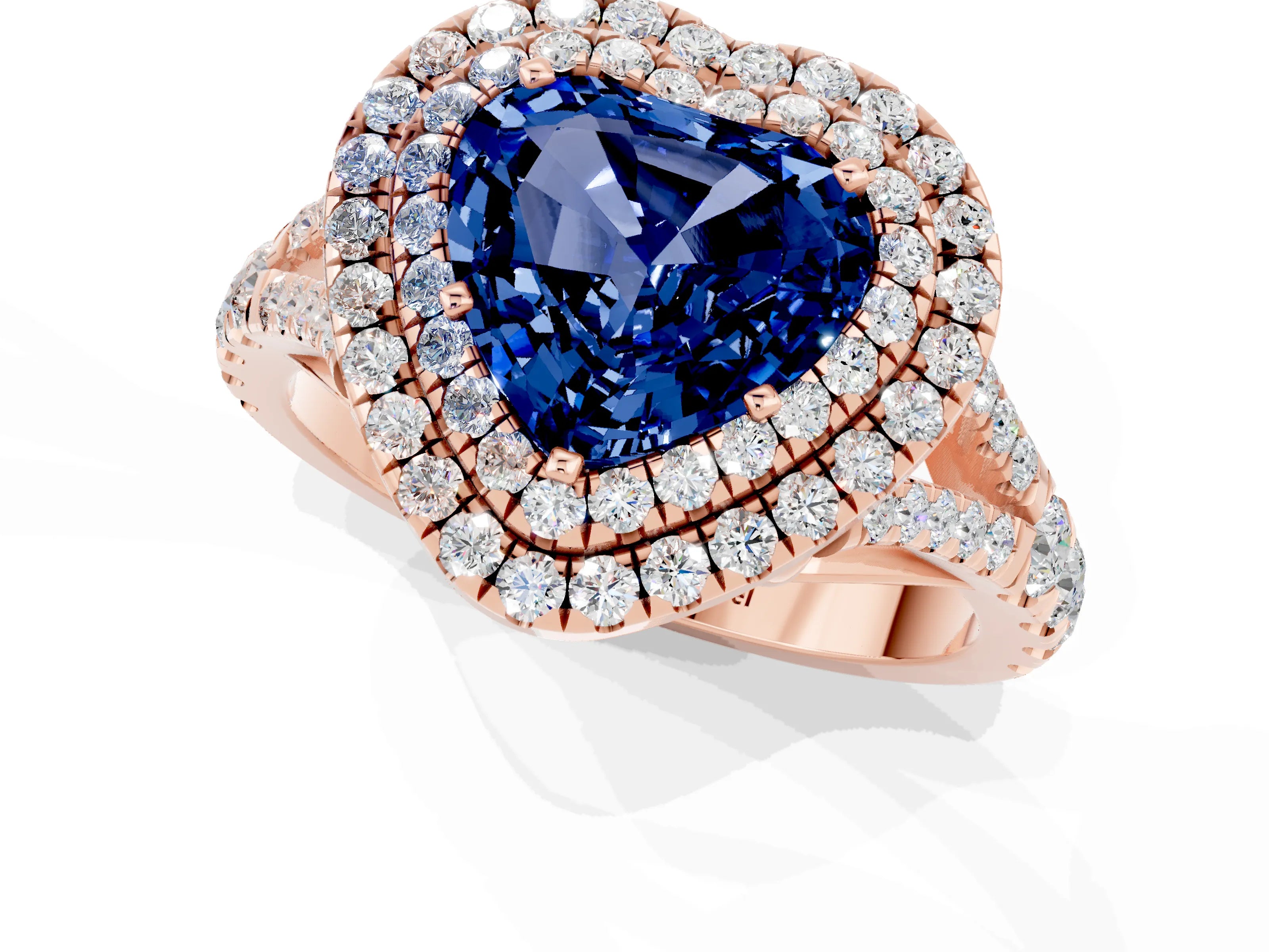 Rose gold Double Halo Heart Cut Blue Sapphire Pavé Split Shank Ring with Prong Setting_1