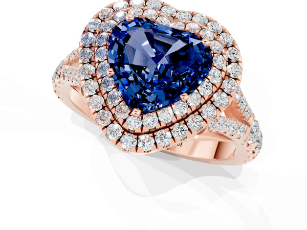 Rose gold Double Halo Heart Cut Blue Sapphire Pavé Split Shank Ring with Prong Setting