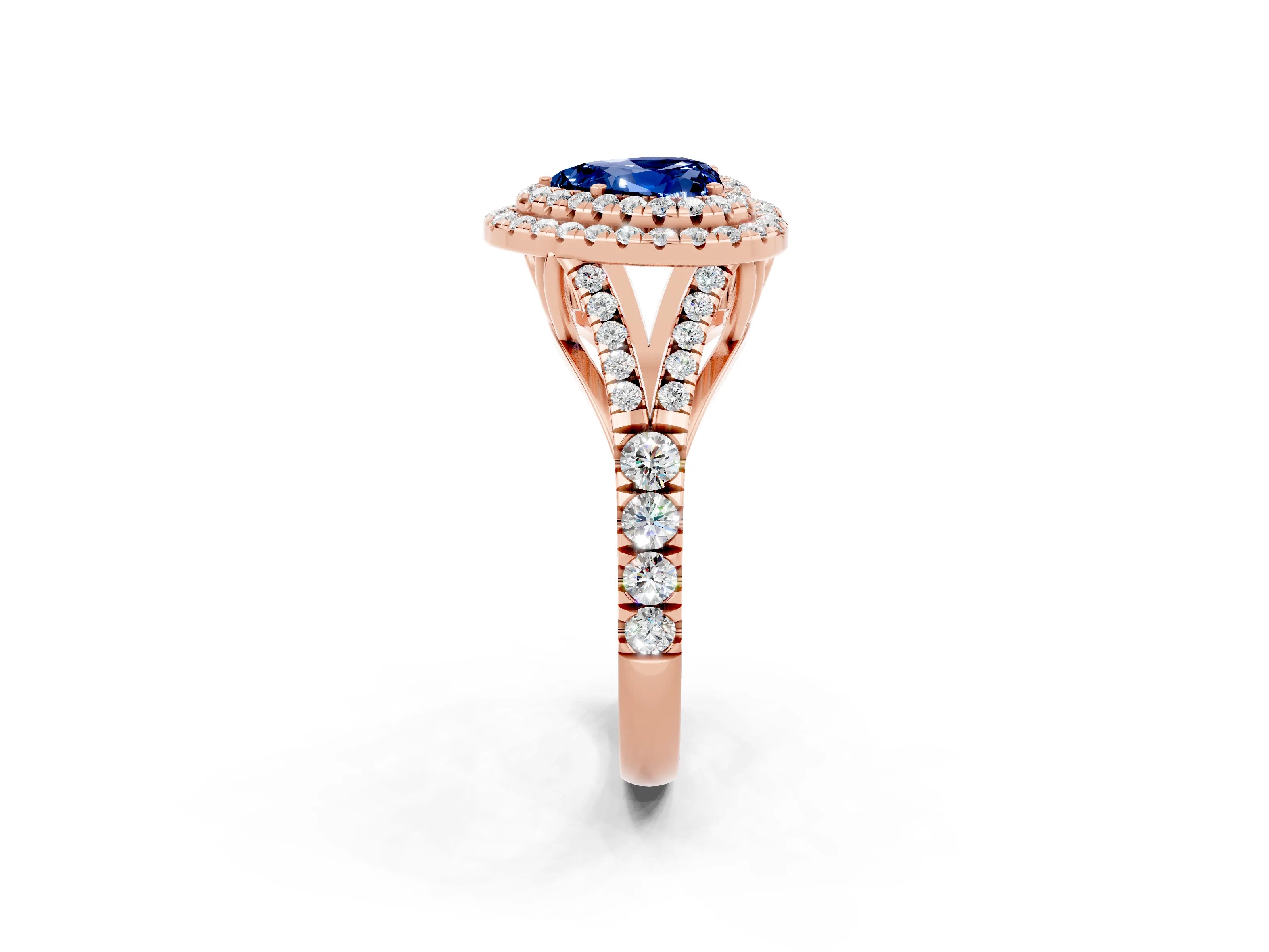 Rose gold Double Halo Heart Cut Blue Sapphire Pavé Split Shank Ring with Prong Setting_2
