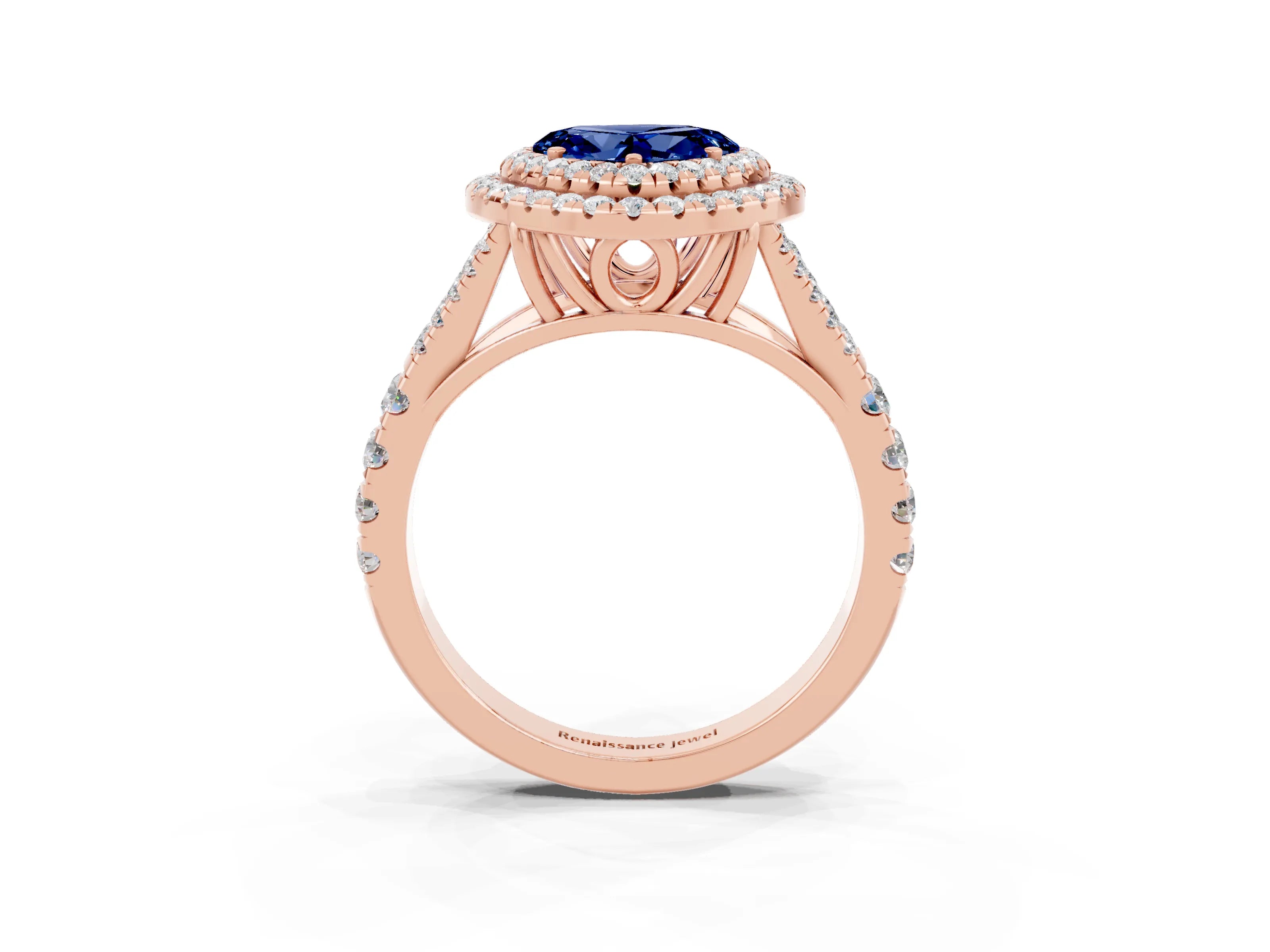 Rose gold Double Halo Heart Cut Blue Sapphire Pavé Split Shank Ring with Prong Setting_3