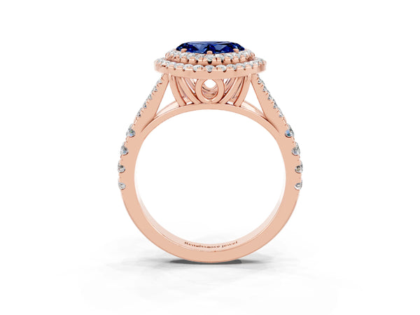 Rose gold Double Halo Heart Cut Blue Sapphire Pavé Split Shank Ring with Prong Setting