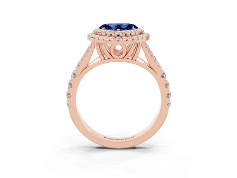 Rose gold Double Halo Heart Cut Blue Sapphire Pavé Split Shank Ring with Prong Setting_3