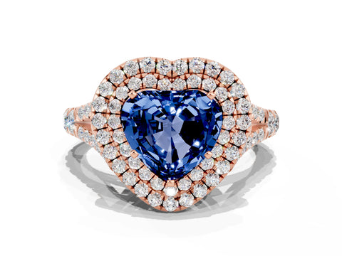Rose gold Double Halo Heart Cut Blue Sapphire Pavé Split Shank Ring with Prong Setting