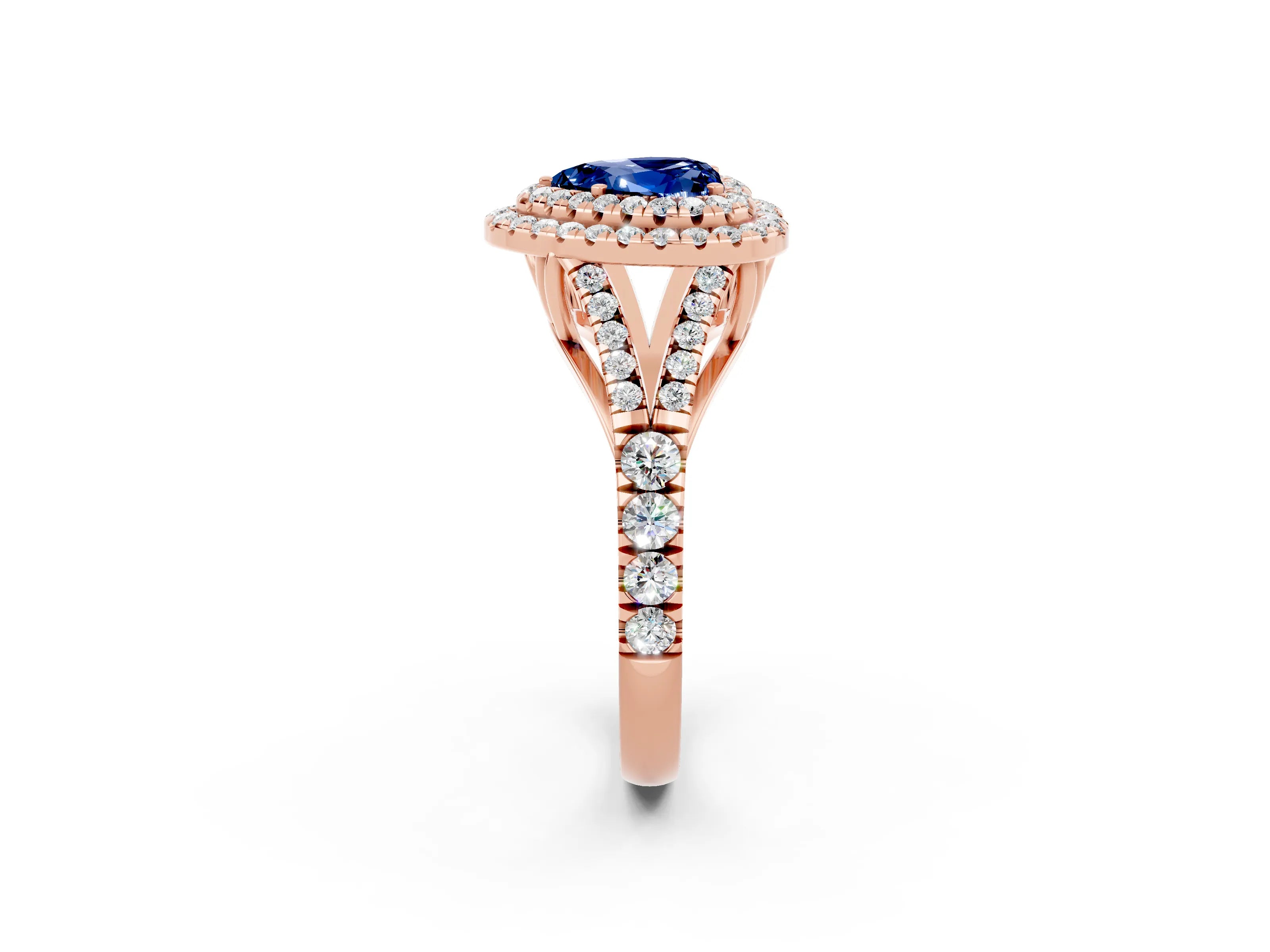 Rose gold Double Halo Heart Cut Blue Sapphire Split Shank Engagement Ring with Four-Prong Setting_2