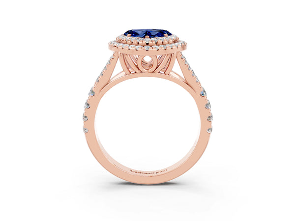 Rose gold Double Halo Heart Cut Blue Sapphire Split Shank Engagement Ring with Four-Prong Setting