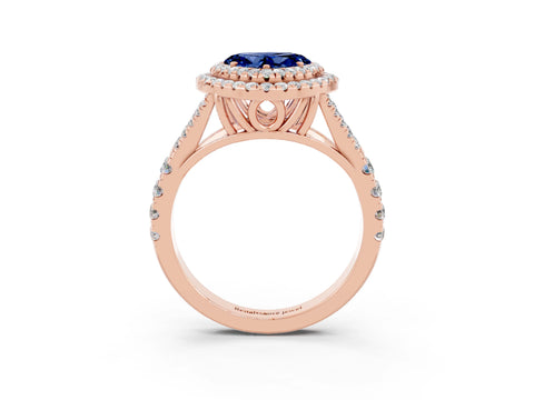 Rose gold Double Halo Heart Cut Blue Sapphire Split Shank Engagement Ring with Four-Prong Setting_3