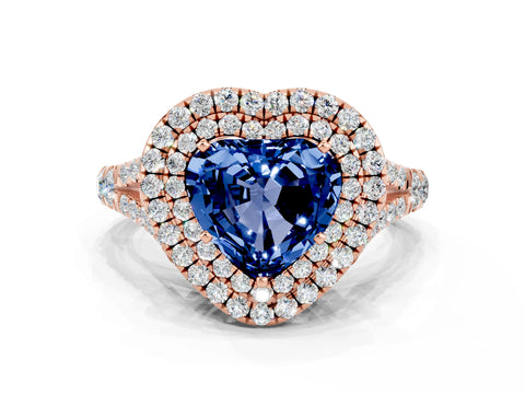 Rose gold Double Halo Heart Cut Blue Sapphire Split Shank Engagement Ring with Four-Prong Setting