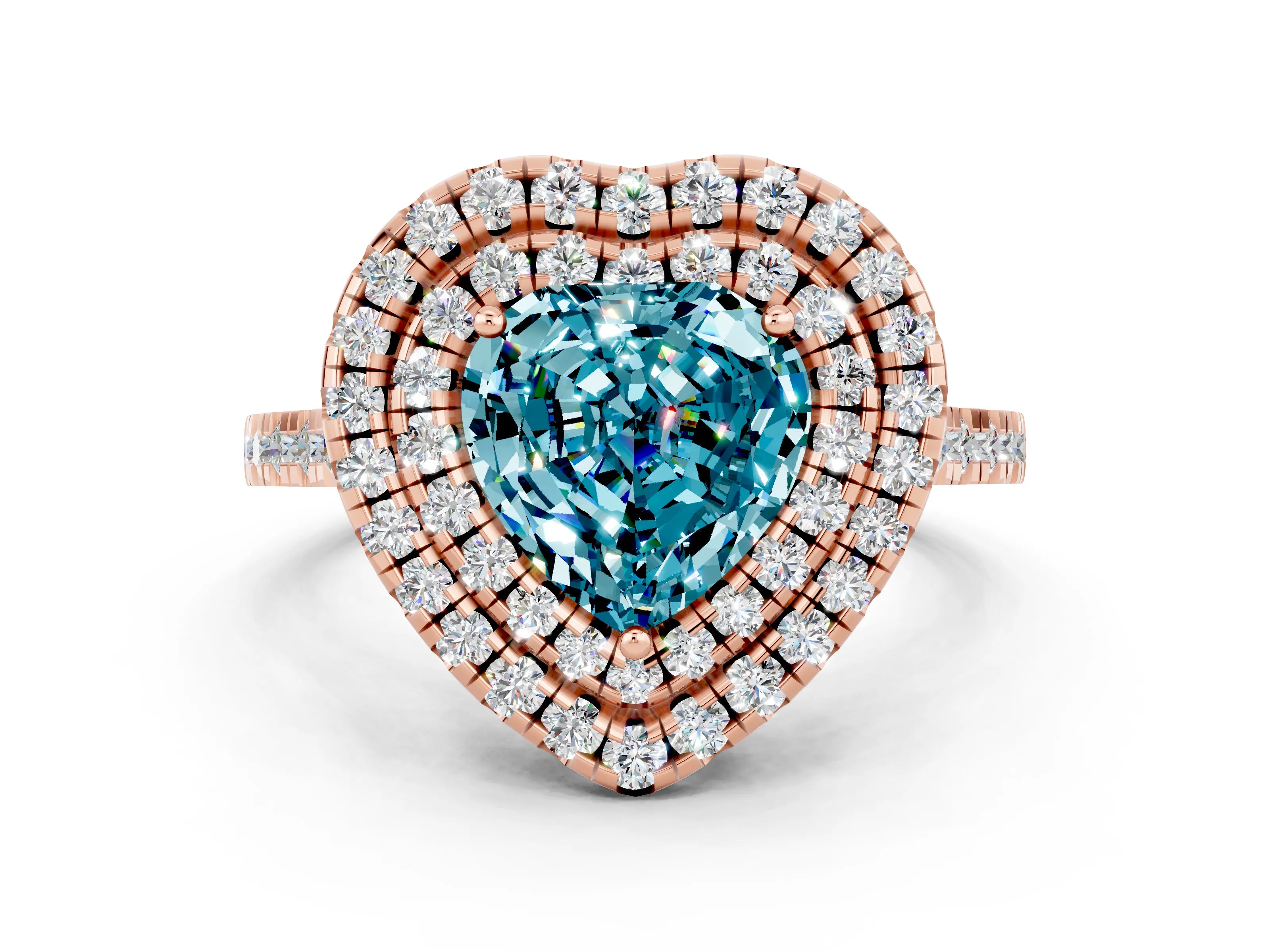 Rose gold Double Halo Heart Cut Blue Topaz Pavé Band with Four-Prong Setting