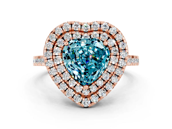 Rose gold Double Halo Heart Cut Blue Topaz Pavé Band with Four-Prong Setting