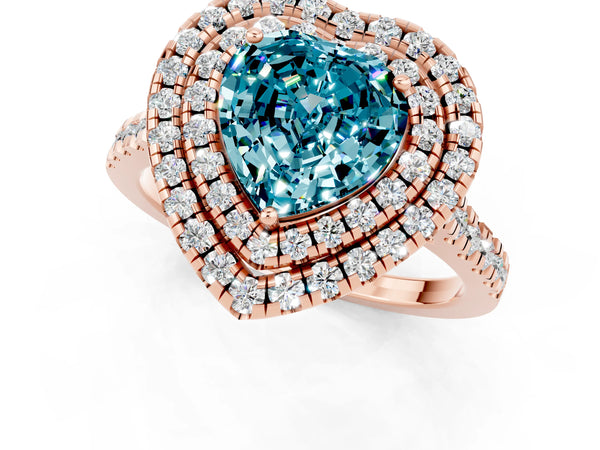 Rose gold Double Halo Heart Cut Blue Topaz Pavé Band with Four-Prong Setting