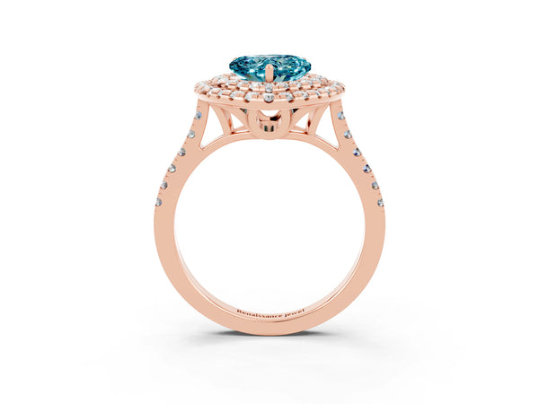 Rose gold Double Halo Heart Cut Blue Topaz Pavé Band with Four-Prong Setting