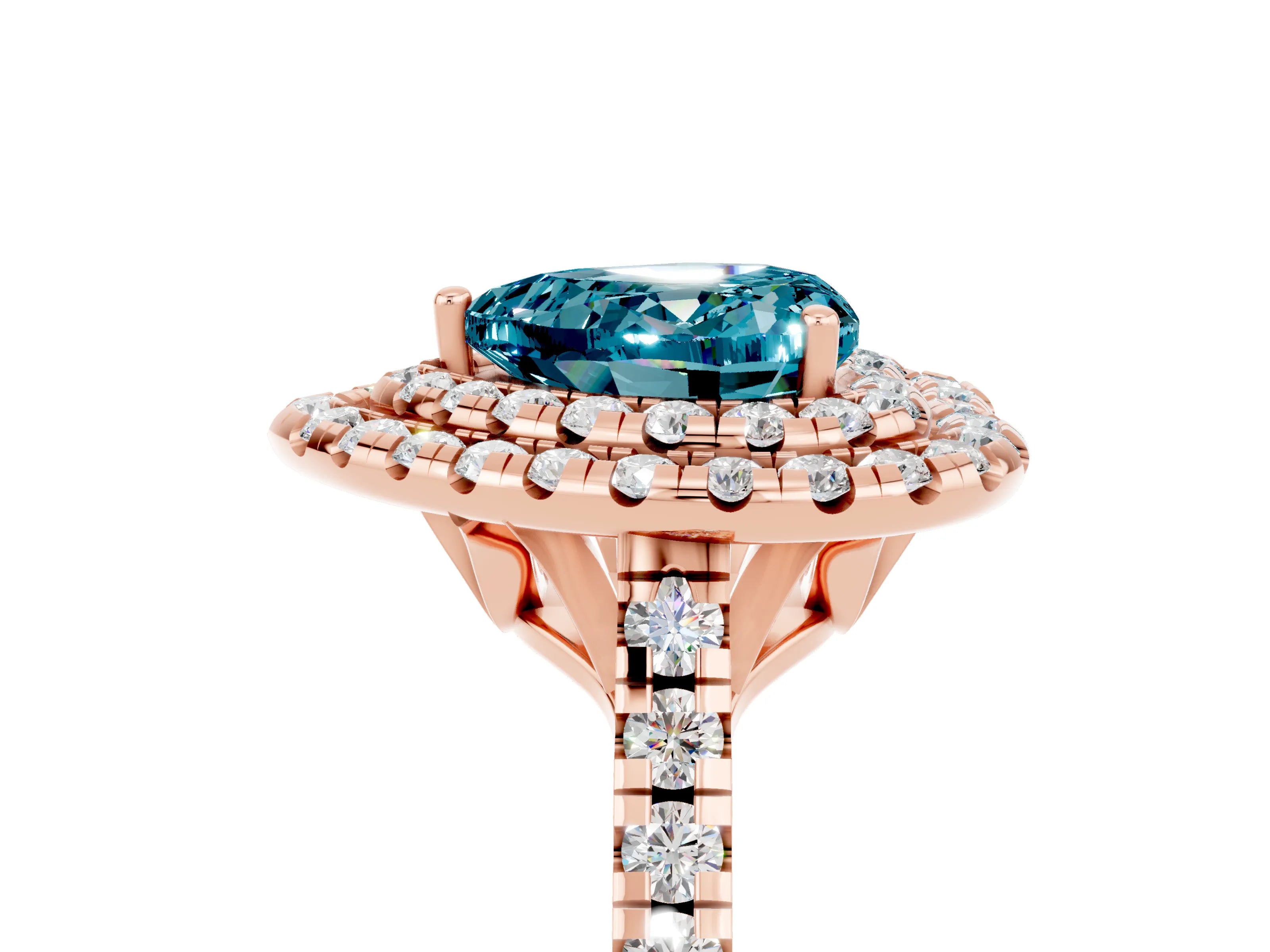 Rose gold Double Halo Heart Cut Blue Topaz Pavé Band with Four-Prong Setting_5