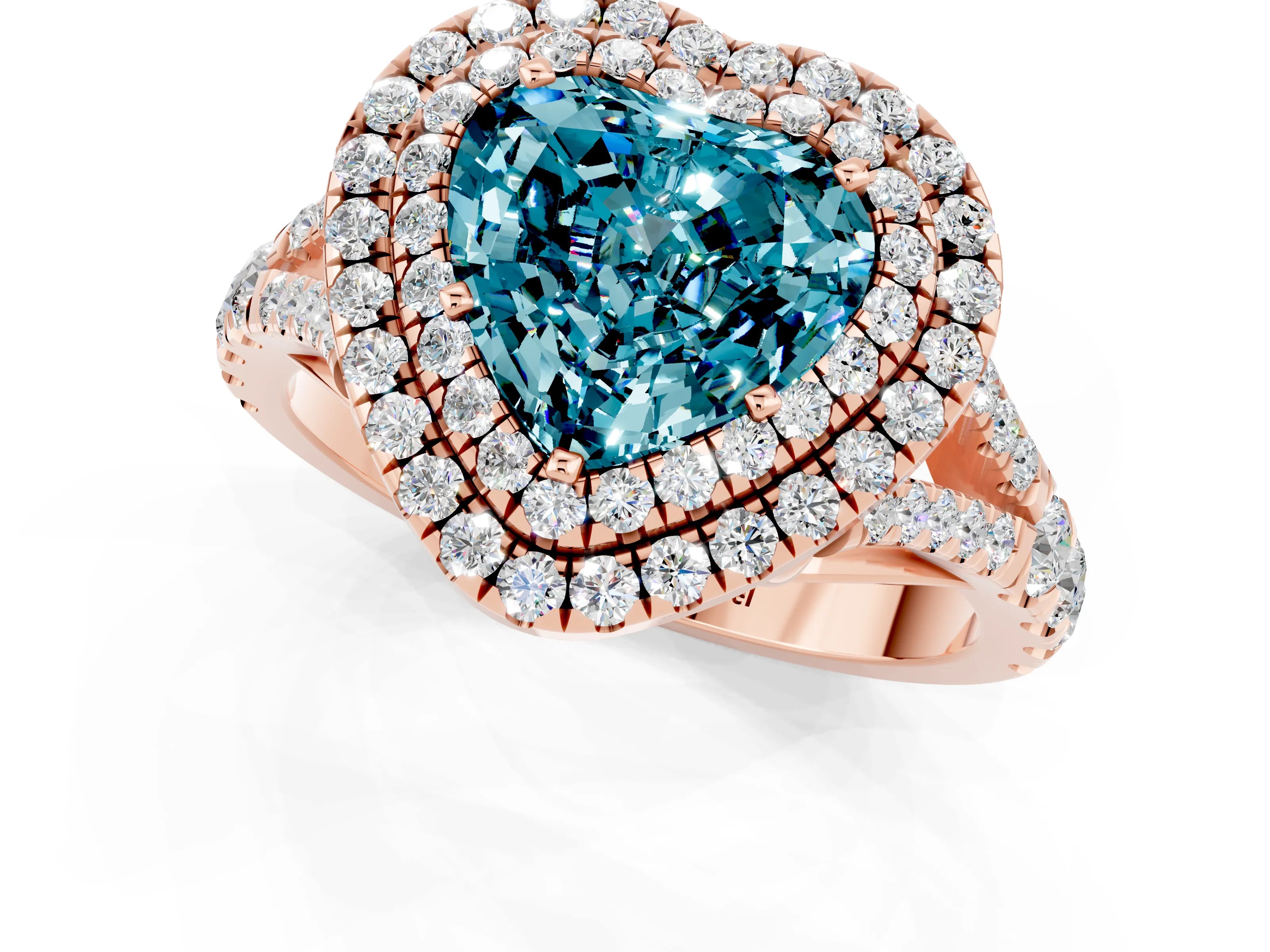 Rose gold Double Halo Heart Cut Blue Topaz Pavé Split Shank Ring with Prong Setting_1