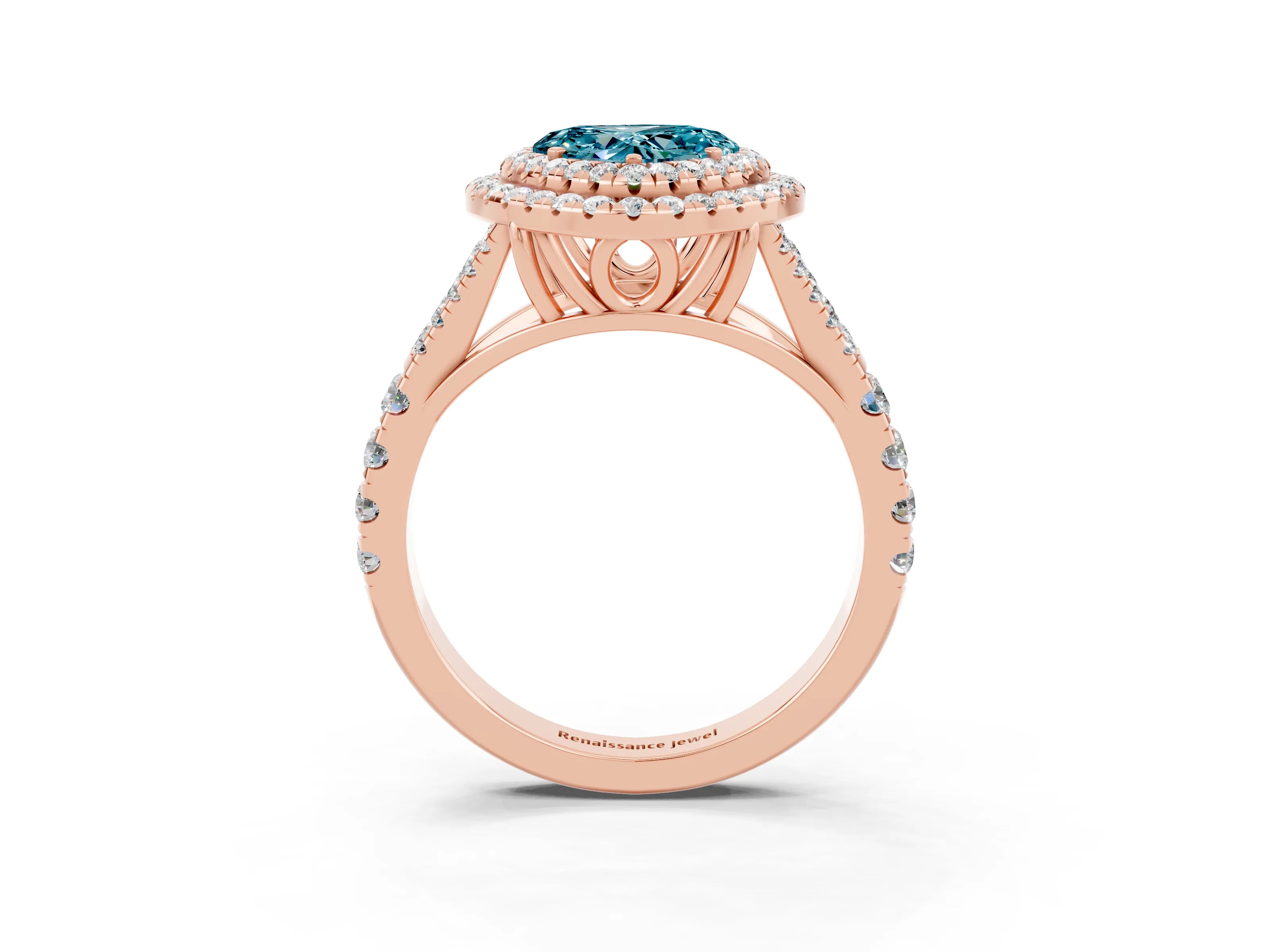 Rose gold Double Halo Heart Cut Blue Topaz Pavé Split Shank Ring with Prong Setting_3