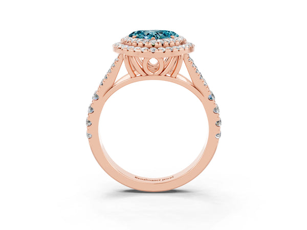 Rose gold Double Halo Heart Cut Blue Topaz Pavé Split Shank Ring with Prong Setting