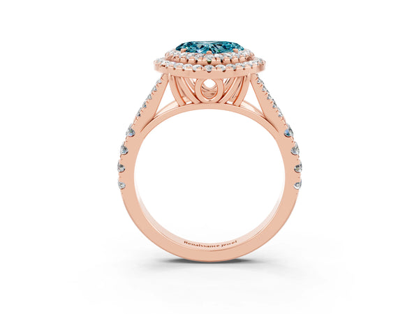 Rose gold Double Halo Heart Cut Blue Topaz Split Shank Engagement Ring with Four-Prong Setting
