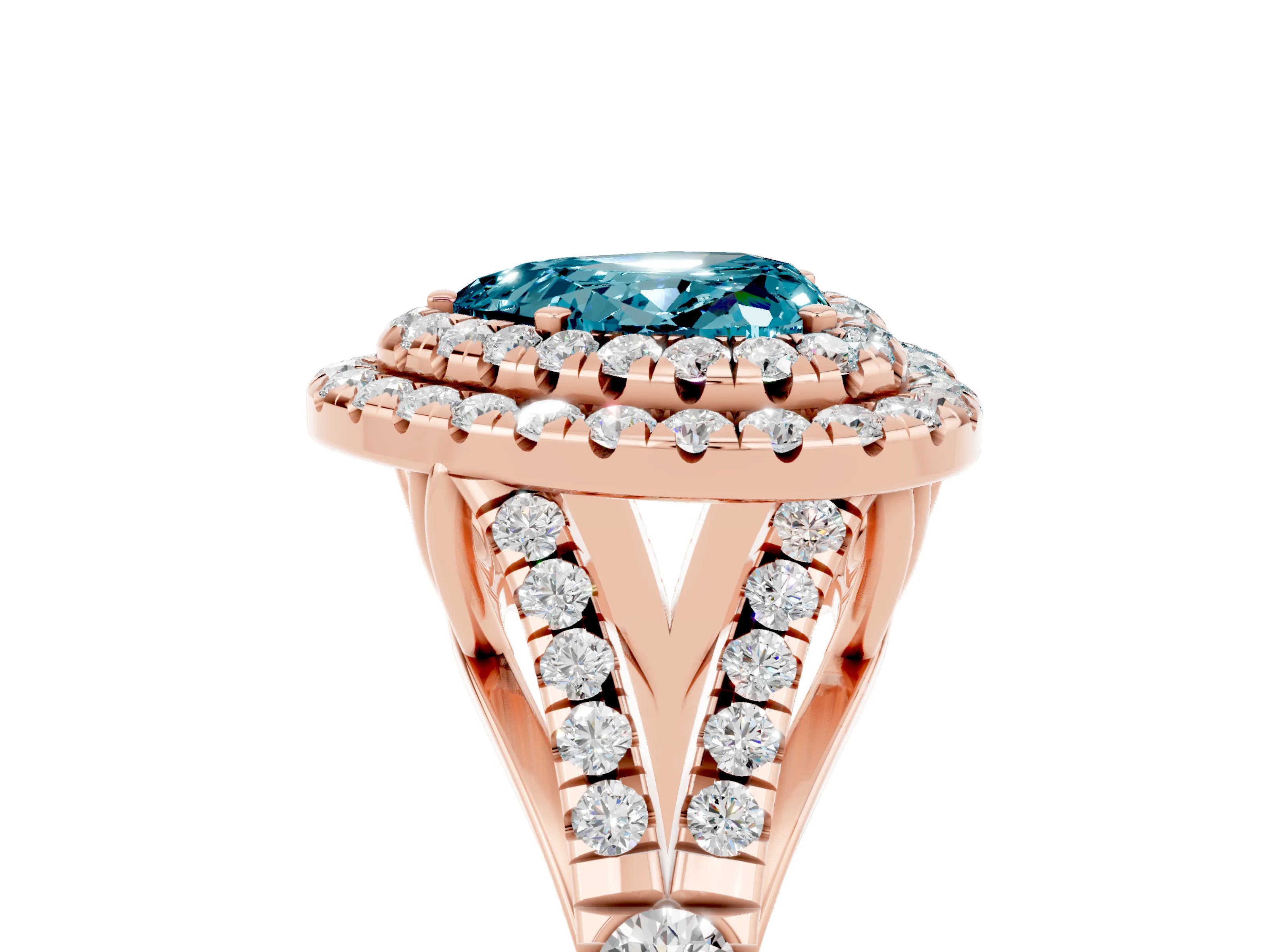Rose gold Double Halo Heart Cut Blue Topaz Split Shank Engagement Ring with Four-Prong Setting_5