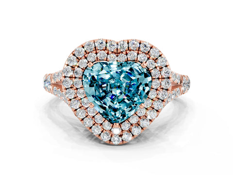 Rose gold Double Halo Heart Cut Blue Topaz Split Shank Engagement Ring with Four-Prong Setting