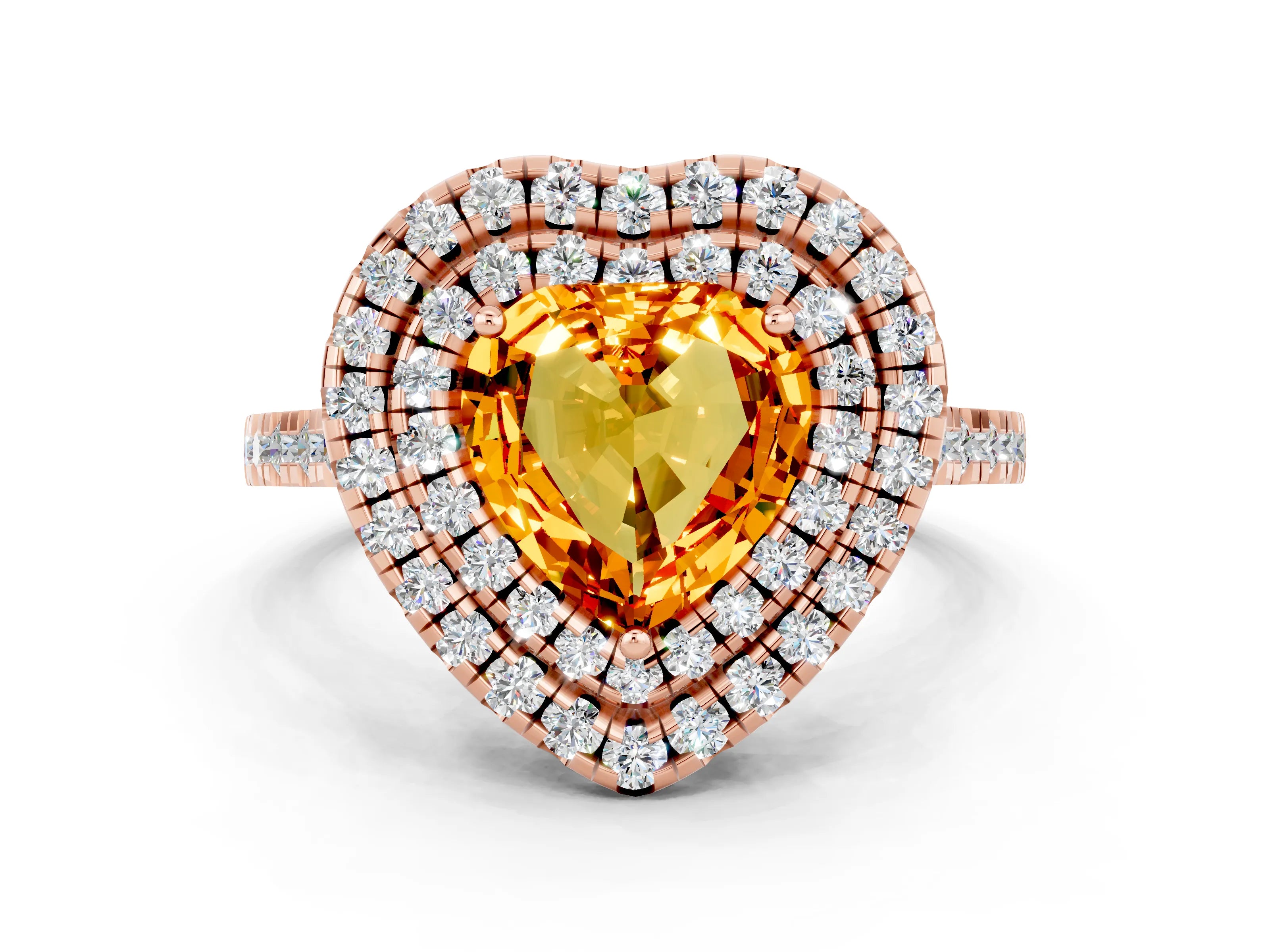 Rose gold Double Halo Heart Cut Citrine Pavé Band with Four-Prong Setting