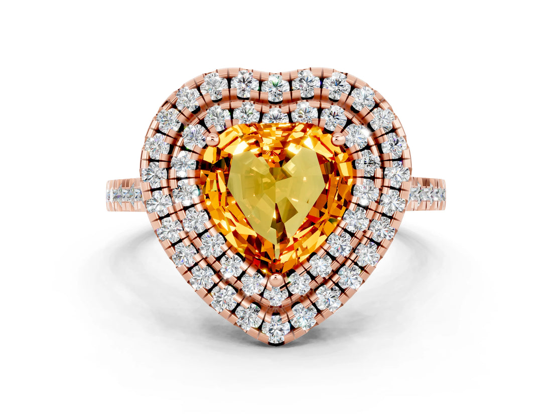 Rose gold Double Halo Heart Cut Citrine Pavé Band with Four-Prong Setting