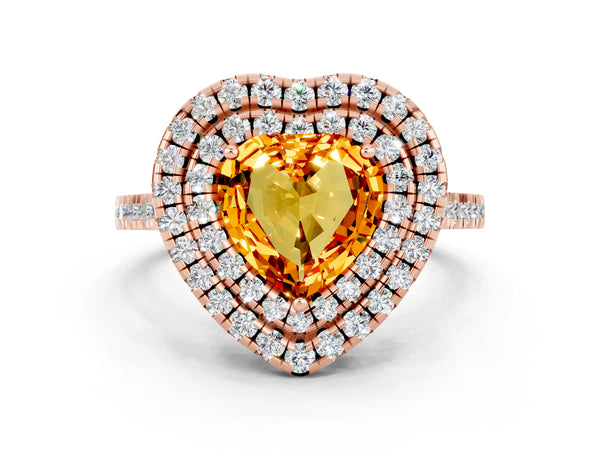 Rose gold Double Halo Heart Cut Citrine Pavé Band with Four-Prong Setting