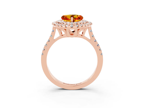 Rose gold Double Halo Heart Cut Citrine Pavé Band with Four-Prong Setting