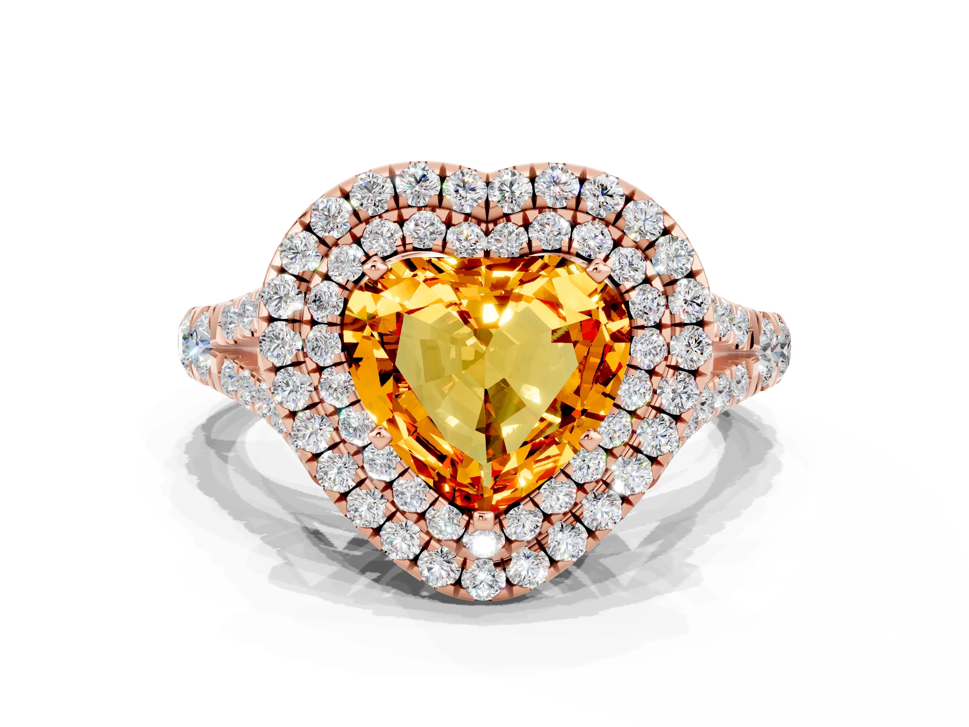 Rose gold Double Halo Heart Cut Citrine Pavé Split Shank Ring with Prong Setting
