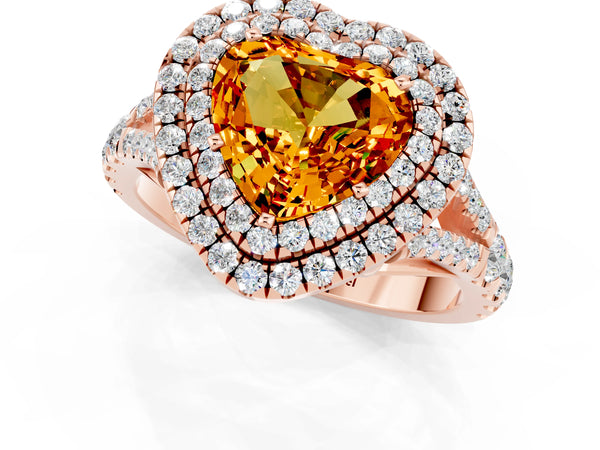Rose gold Double Halo Heart Cut Citrine Pavé Split Shank Ring with Prong Setting