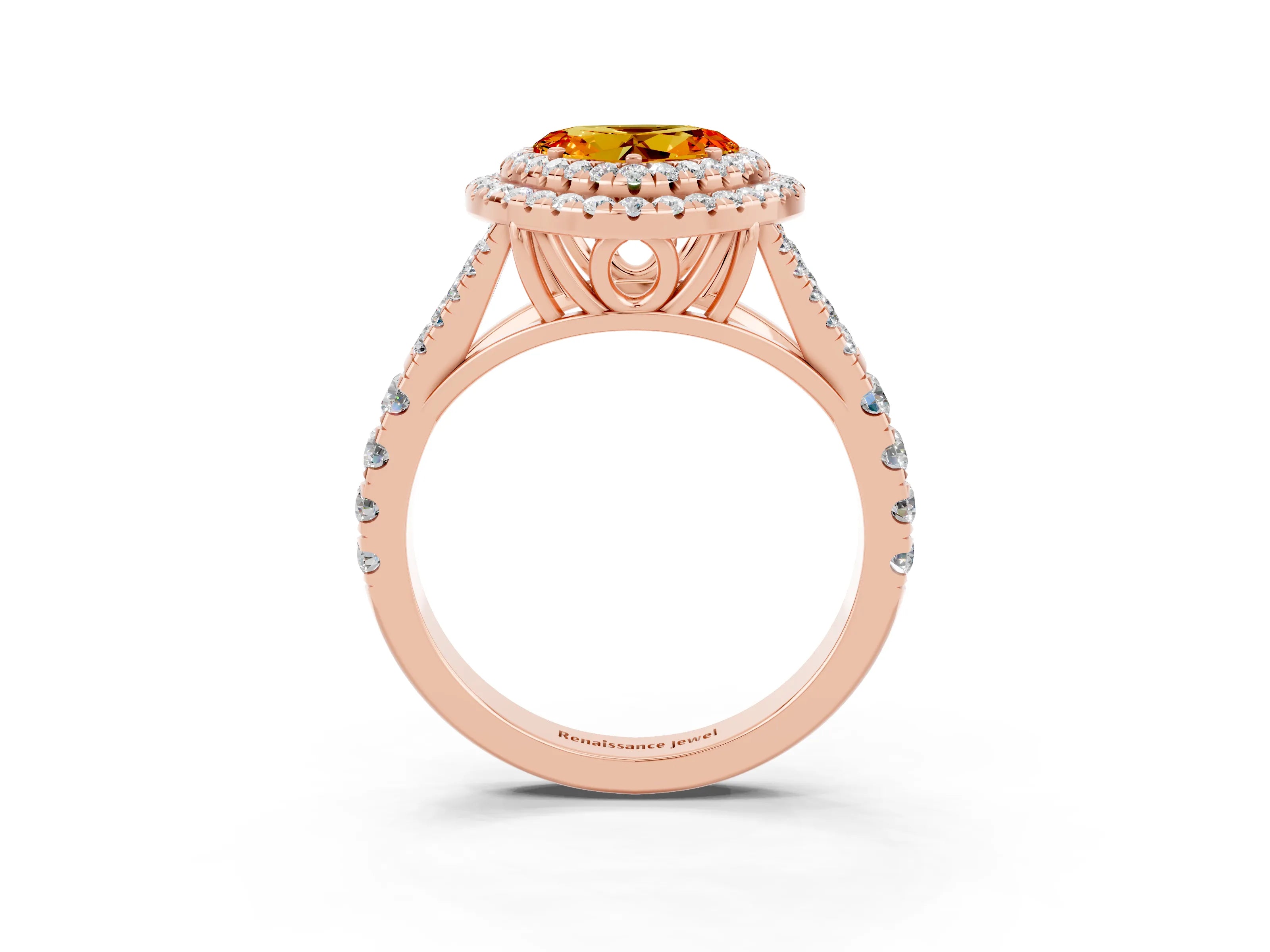Rose gold Double Halo Heart Cut Citrine Pavé Split Shank Ring with Prong Setting_3