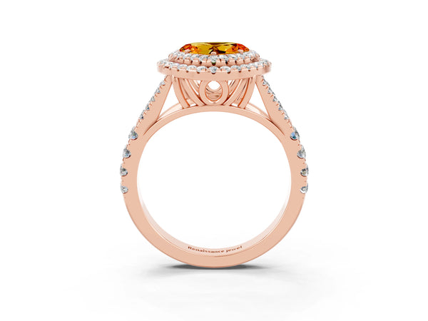 Rose gold Double Halo Heart Cut Citrine Pavé Split Shank Ring with Prong Setting