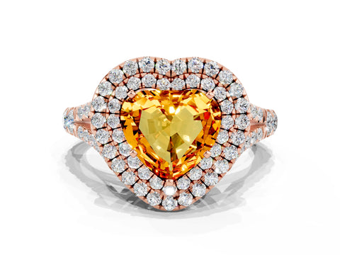 Rose gold Double Halo Heart Cut Citrine Pavé Split Shank Ring with Prong Setting