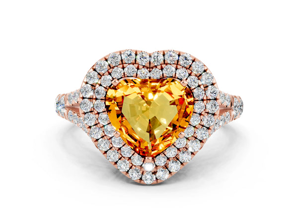 Rose gold Double Halo Heart Cut Citrine Split Shank Engagement Ring with Four-Prong Setting