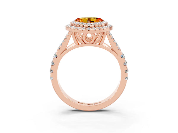 Rose gold Double Halo Heart Cut Citrine Split Shank Engagement Ring with Four-Prong Setting