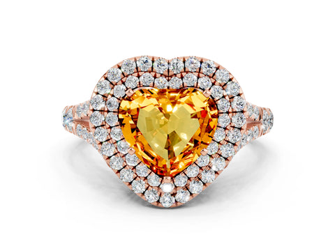 Rose gold Double Halo Heart Cut Citrine Split Shank Engagement Ring with Four-Prong Setting