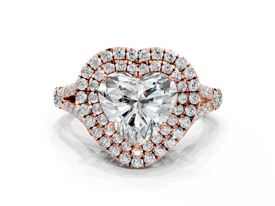 Rose gold Double Halo Heart Cut Diamond Split Shank Engagement Ring with Four-Prong Setting_3