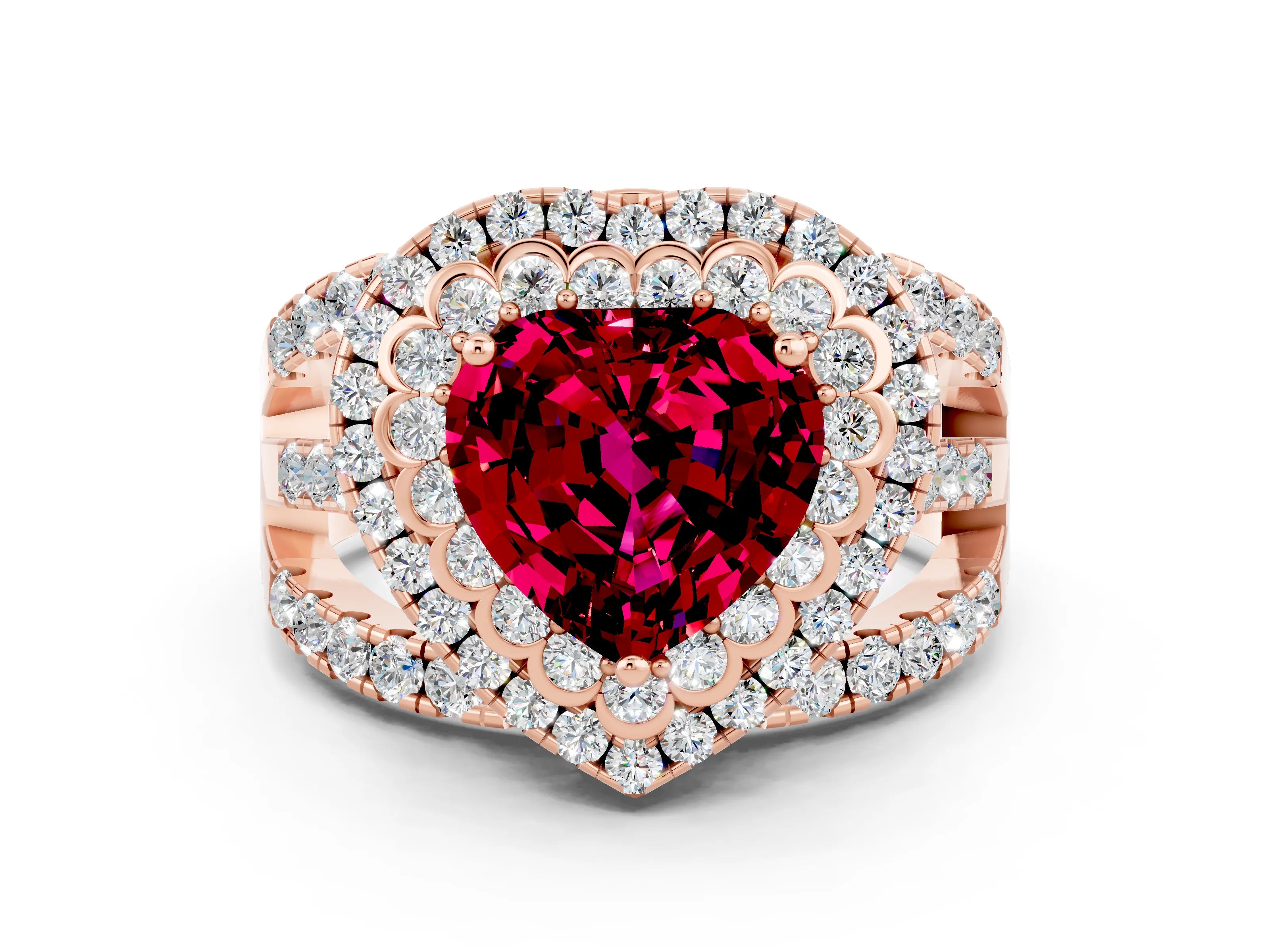 Rose gold Double Halo Heart Cut Diamond Split Shank Pave Set Ring