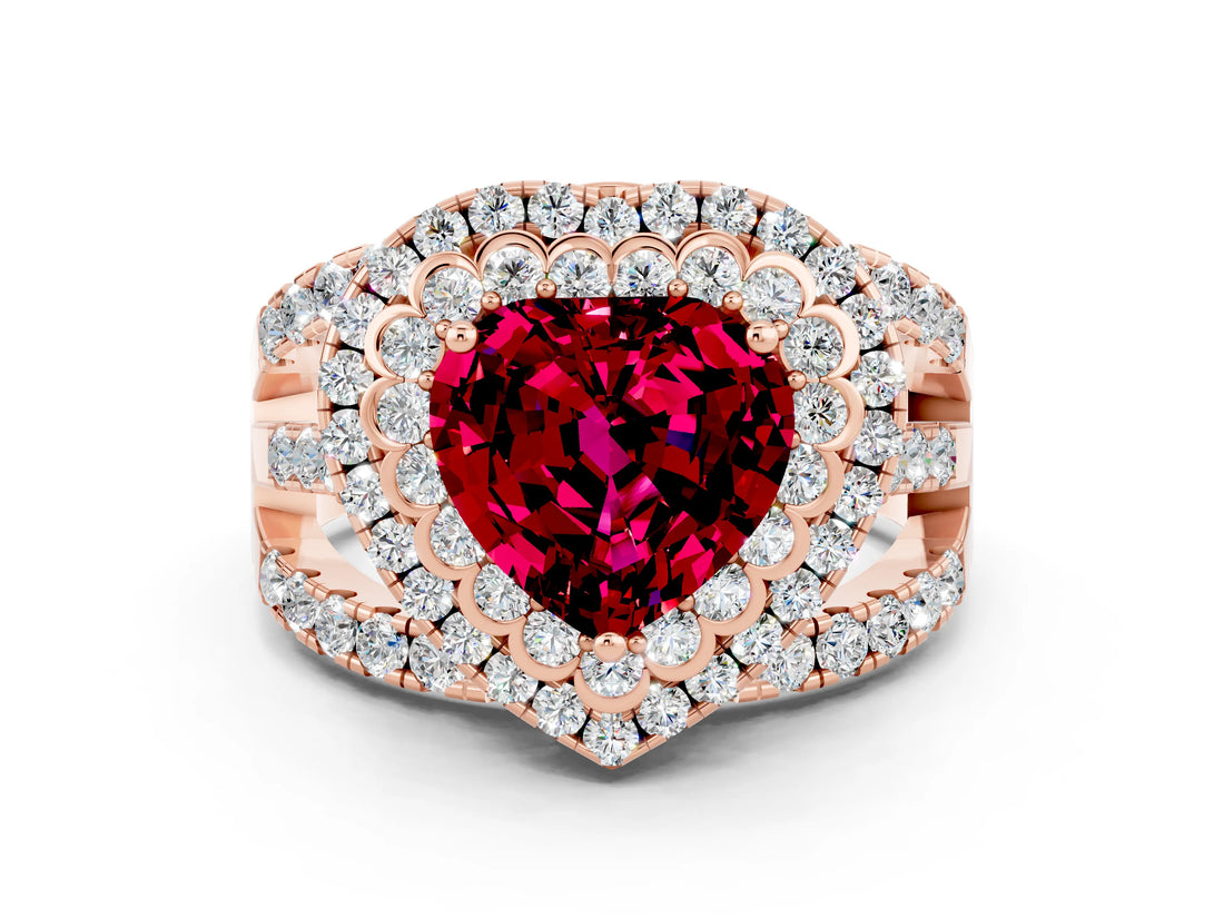 Rose gold Double Halo Heart Cut Diamond Split Shank Pave Set Ring