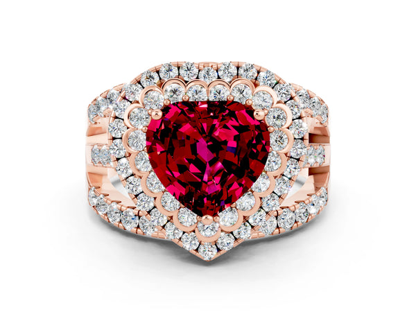 Rose gold Heart Cut Garnet Double Halo Ring with Round Pavé Split Shank and Prong Setting