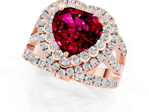 Rose gold Heart Cut Garnet Double Halo Ring with Round Pavé Split Shank and Prong Setting