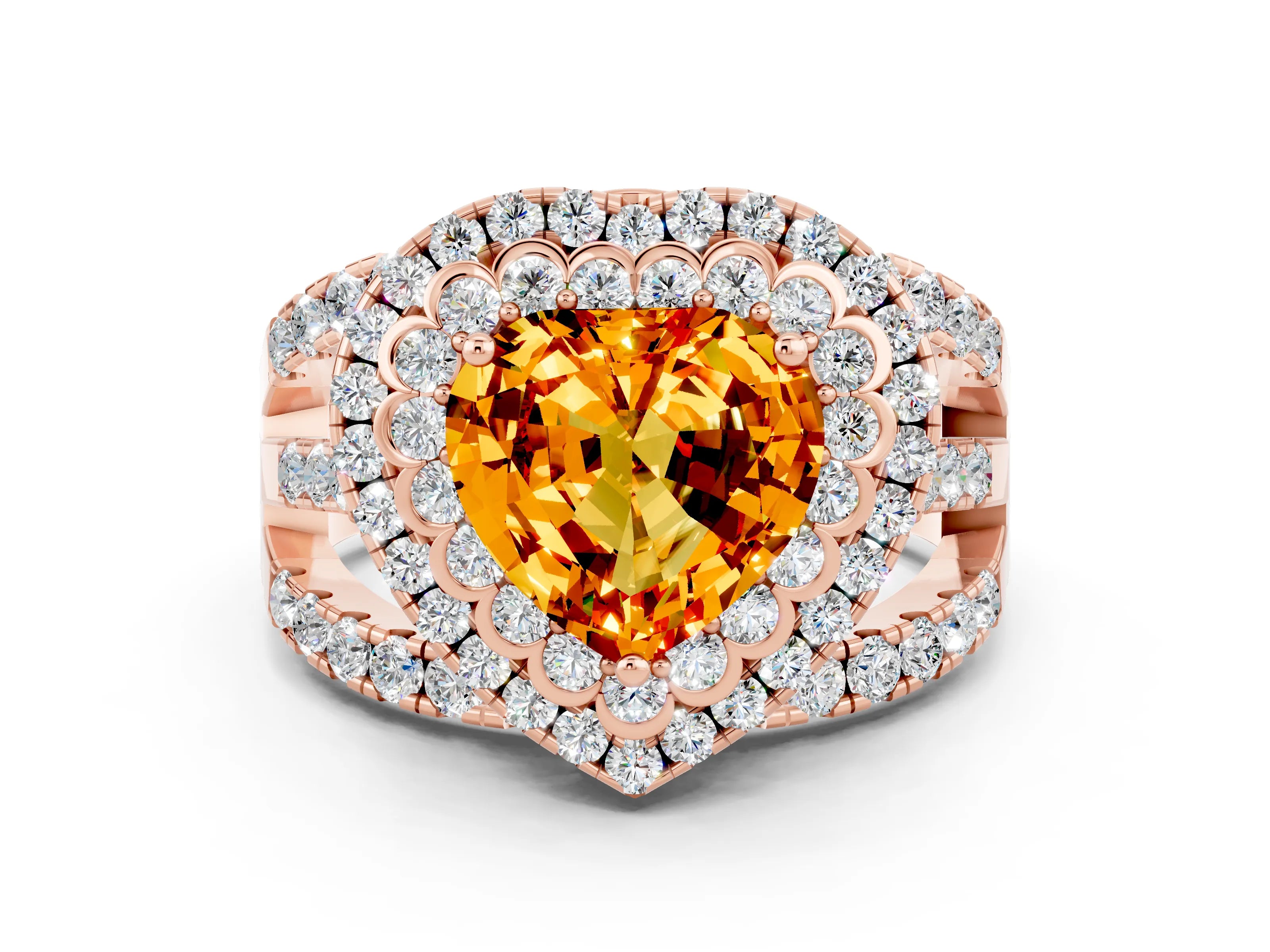 Rose gold Double Halo Heart Cut Diamond Split Shank Pave Set Ring