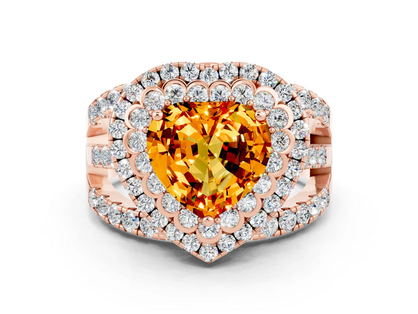 Rose gold Heart Cut Citrine Double Halo Ring with Round Pavé Split Shank and Prong Setting