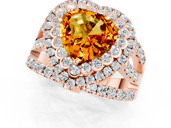 Rose gold Heart Cut Citrine Double Halo Ring with Round Pavé Split Shank and Prong Setting