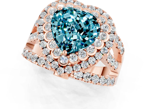 Rose gold Double Halo Heart Cut Diamond Split Shank Pave Set Ring